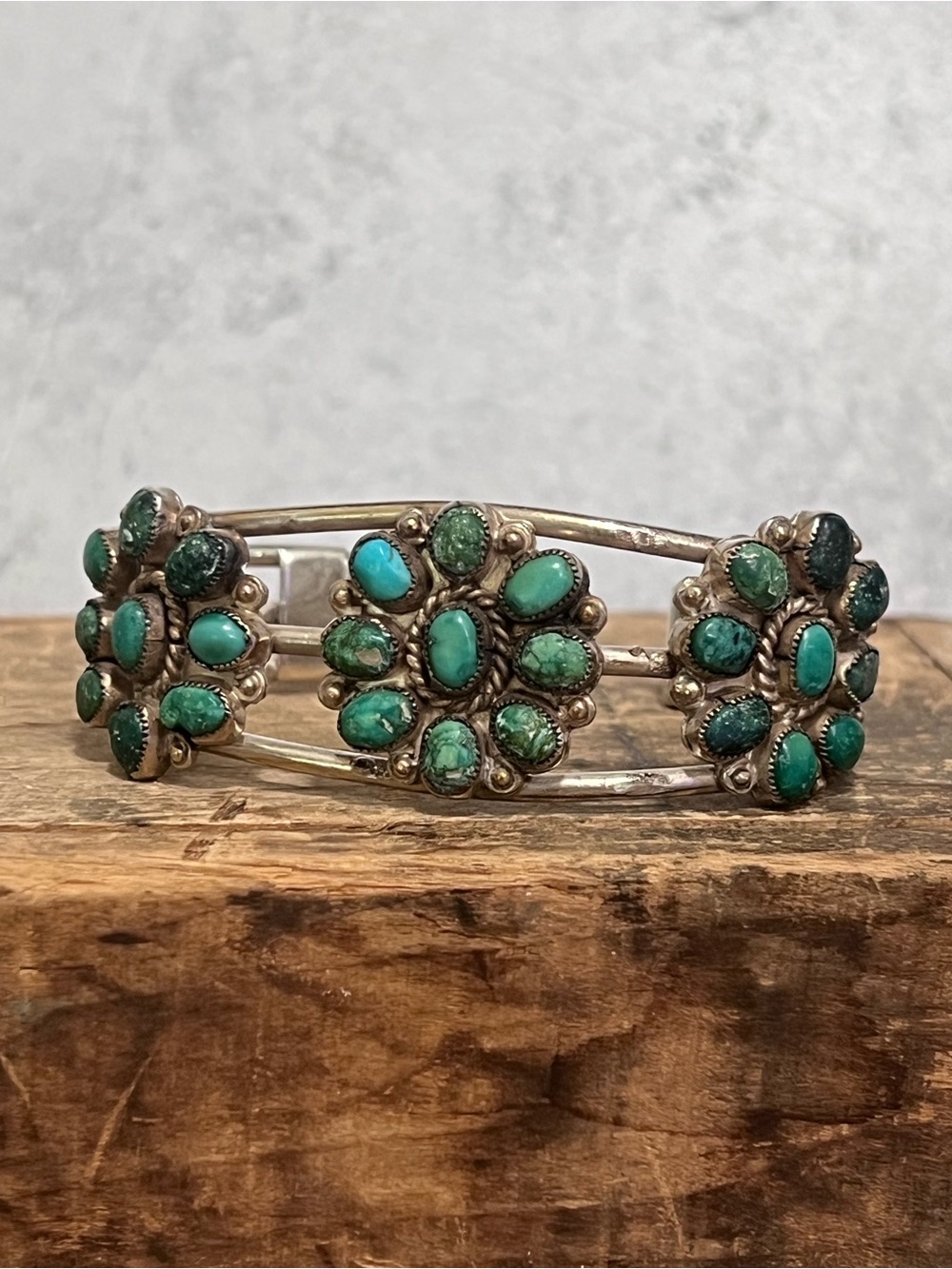c1930 Navajo rustic green turquoise cluster cuff bracelet sterling silver